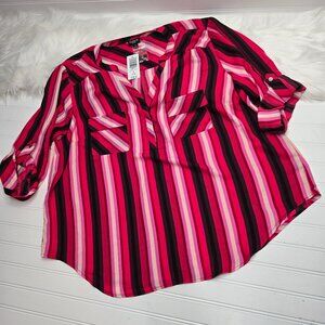 TORRID NWT Women's 2X Harper Black Red Pink Striped V Neck 3/4 Sleeve Blouse Top